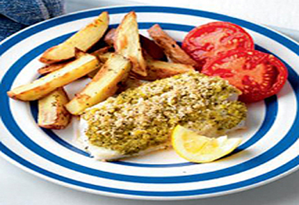 Lemony fish with herby chips