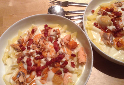 Salmon Carbonara Pasta with Prawns and Scallops